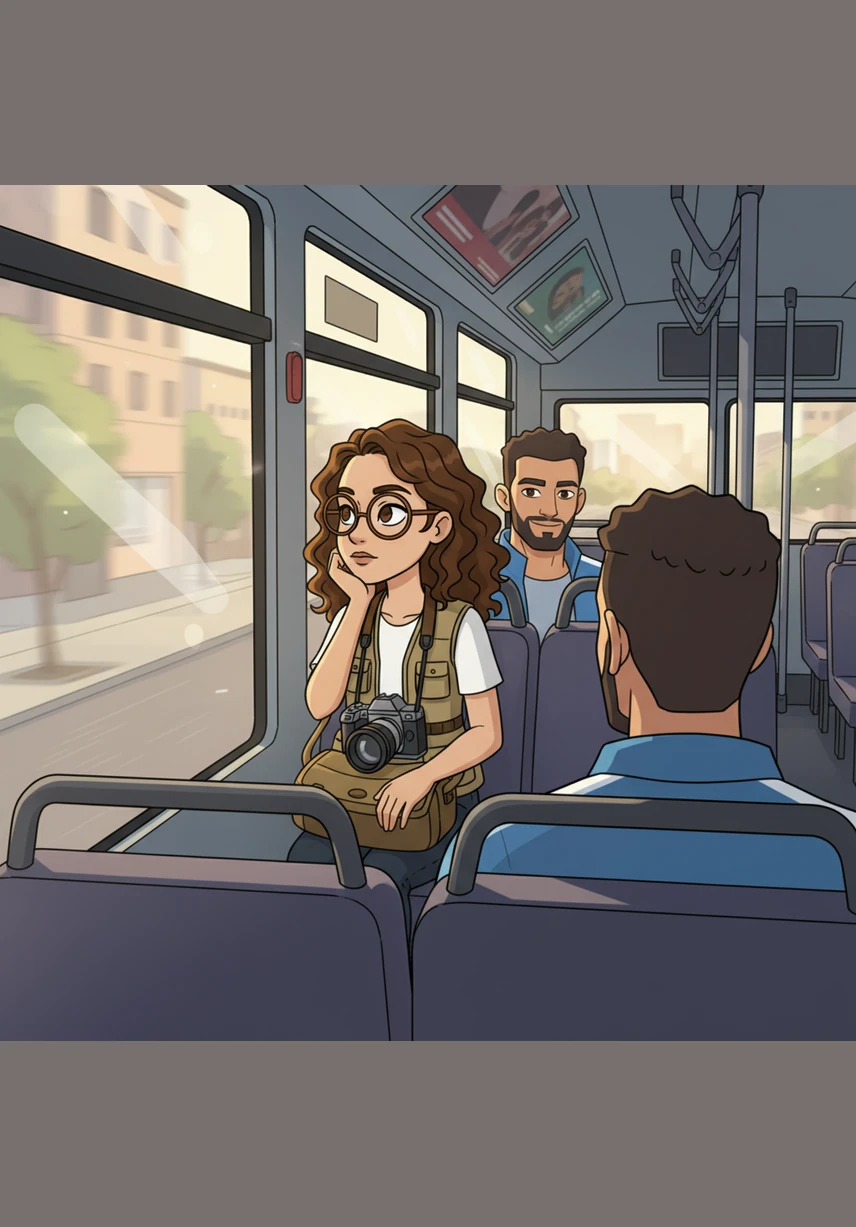 Layla sat by the bus window, lost in her thoughts as the city blurred past. In the seat behind her, Waseem noticed the way the sunlight caught her hair, a quiet moment frozen in time that she wouldn't know about for years.