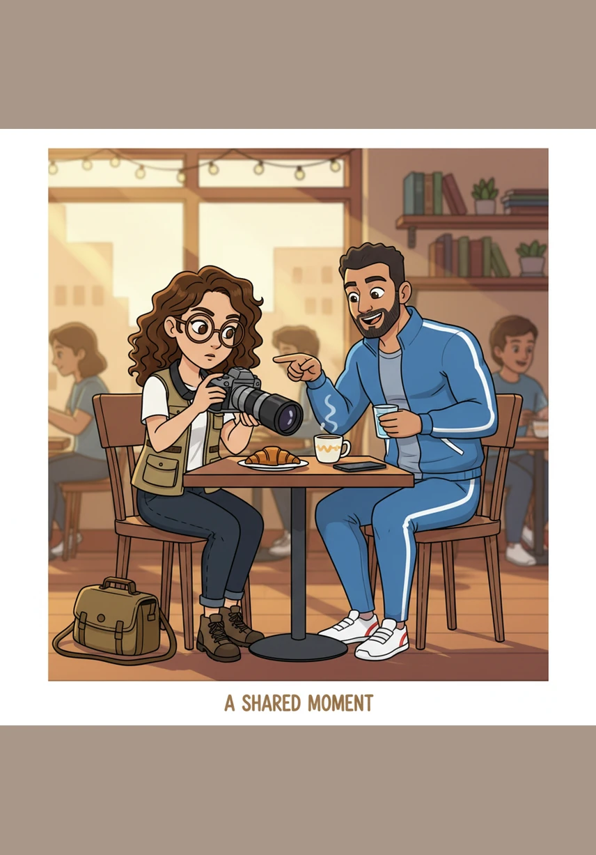 The morning sun warmed their faces as they sat across from each other at a small outdoor cafe. After a chance encounter in the street the day before, they finally shared their first real conversation over steaming cups of coffee and gentle laughter.