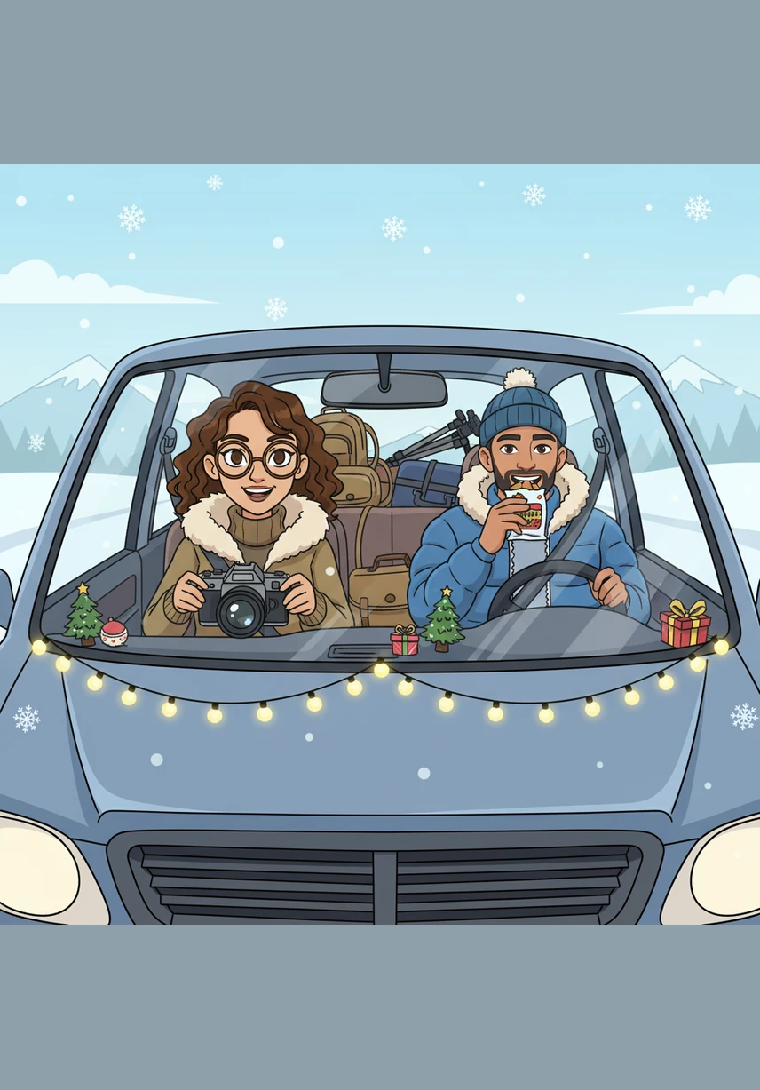 Snow dusted the landscape during a cozy Christmas celebration before the couple set off on their very first long road trip together. They sang along to the radio and watched the horizon change, eventually celebrating the New Year surrounded by the warmth of close friends.