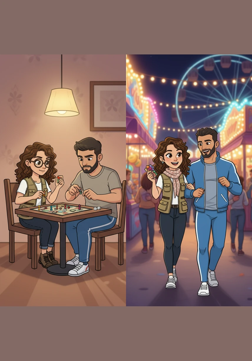 Layla traveled across the ocean to visit Waseem in Saudi Arabia, where they spent quiet nights competing over board games and vibrant evenings at the Carnival. Whether they were focused on a game or walking through the bright lights, being together was all that mattered.