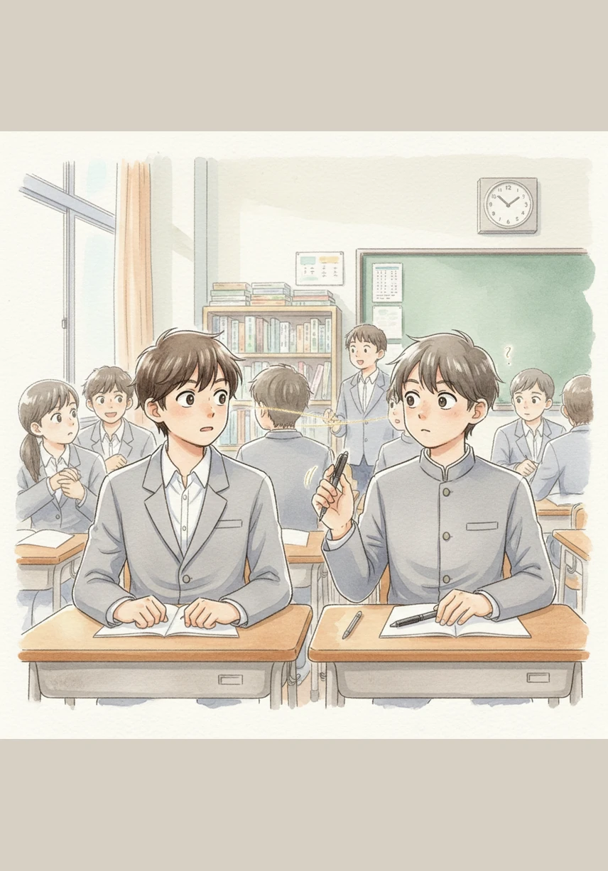 林羽坐在喧闹的教室里，无意间盯着黑板，心中默念让同桌停止转笔。没想到同桌的手立刻停了下来，眼神中透出一丝迷茫，仿佛被无形的绳索牵引。