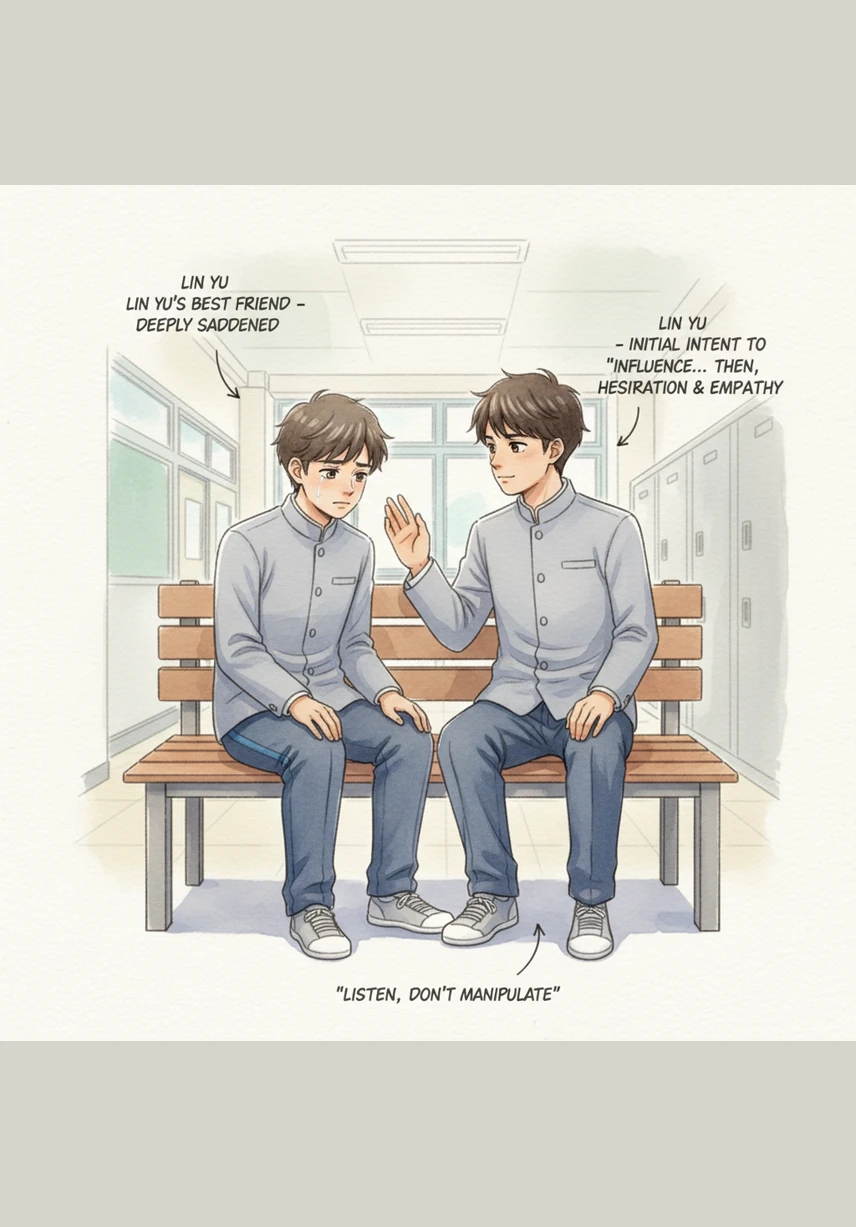 隔天，林羽最好的朋友遇到了一件非常伤心的事，林羽本想直接控制对方的心情让其快乐起来。但在集中精神的那一刻，他停住了，他意识到真正的安慰需要的是倾听而非操纵。