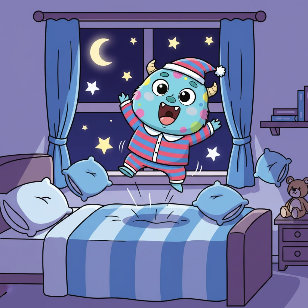 夜深了,星星都挂上了天空。可是,小怪兽奇奇一点儿也不想睡觉!他在床上蹦来蹦去,嘴里喊着:“我一点都不困!我还要玩!”