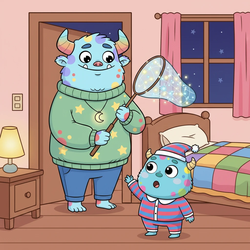 这时,高大温柔的怪兽爸爸推开卧室门走了进来。他一点儿也不生气,反而神秘地拿出一个闪闪发光的网兜,微笑着递给了好奇的奇奇:“奇奇,不想睡?那我们来完成一个特别任务吧!”