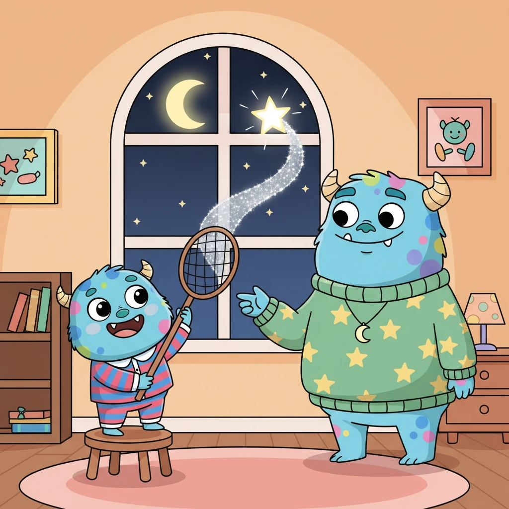 “看,这是‘星星能量收集器’。”爸爸说,“只有最勇敢的小怪兽,才能在晚上收集到星星的能量,这样明天才会更有精神哦!”奇奇立刻来了兴趣,他举起网兜,对准窗外最亮的那颗星星。“嗖——”一道银色的光好像被吸进了网兜里。