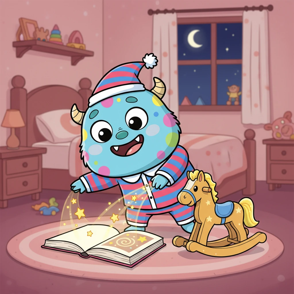 “我们要把星星能量洒在最喜欢的东西上。”爸爸悄悄说。奇奇把星光洒向他的故事书,书本好像变得更吸引人了。接着,他又把星光洒向他的玩具木马,木马的鬃毛仿佛也闪烁着星光,好像在说:“这样,玩具们晚上也会做快乐的梦啦!”