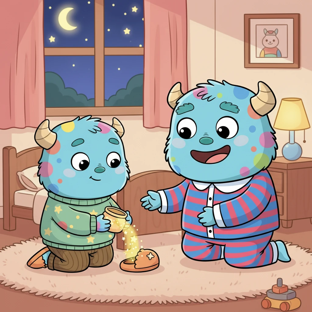 爸爸笑着说:“别忘了给你的小拖鞋也洒一点,这样明天早上的脚步会特别轻快。”奇奇乖乖地把星光洒在了他的小拖鞋上。