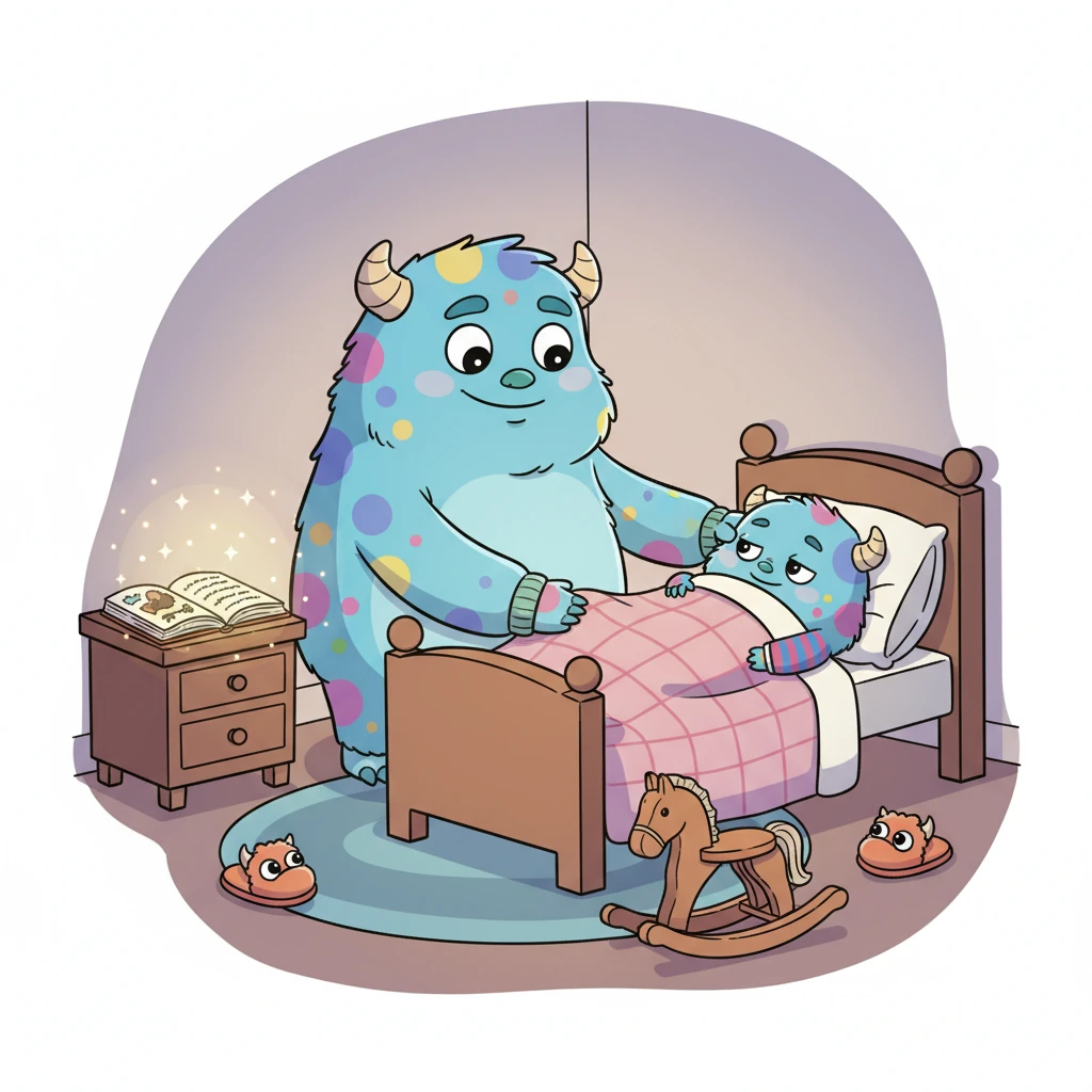 “现在,所有东西都充满能量啦。”爸爸轻轻为奇奇盖好被子,奇奇已经乖乖躺下,把被子拉到了下巴。房间里充满了安详的睡眠氛围,他的故事书、玩具木马和拖鞋都静静地散发着星光。