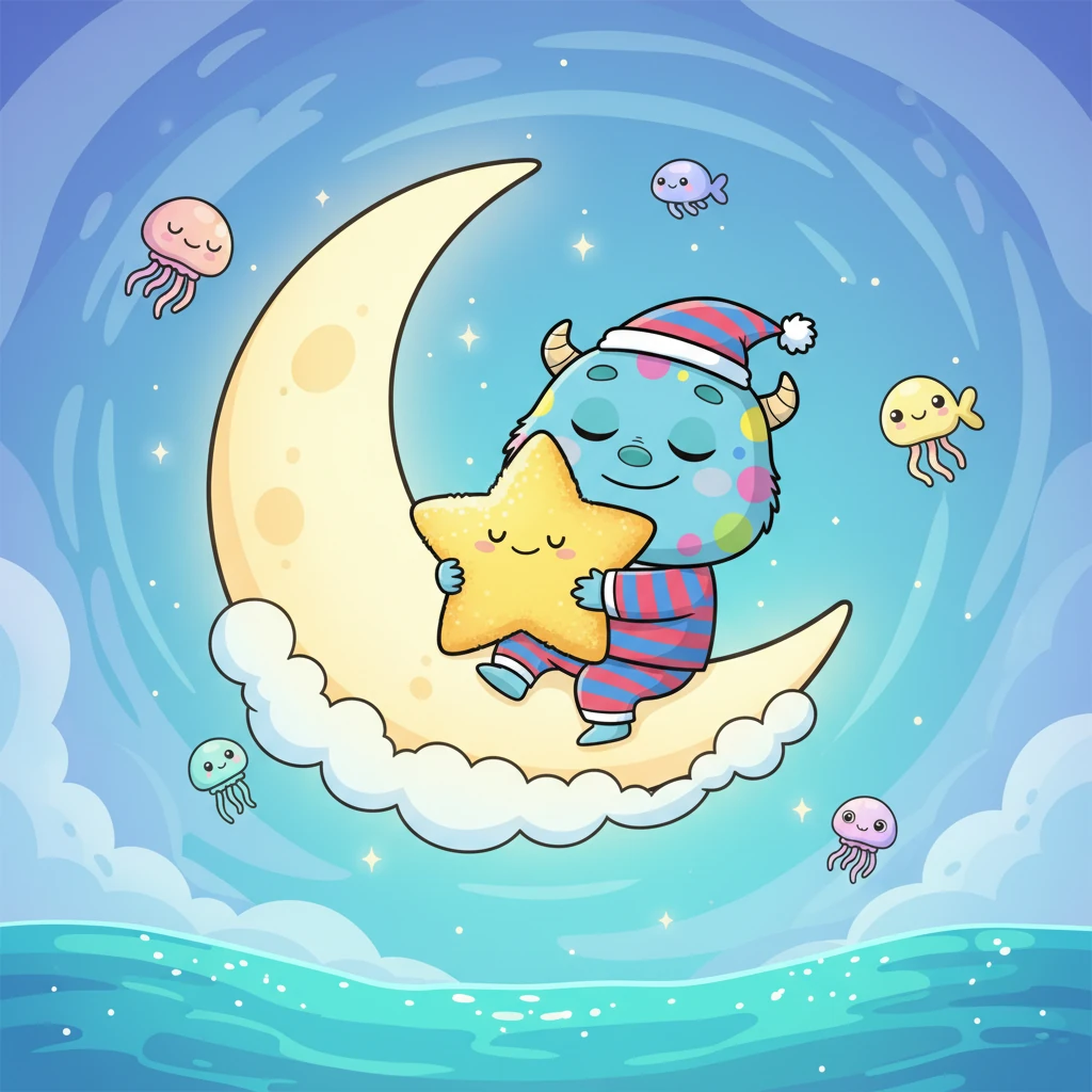 奇奇闭上眼睛,很快就进入了甜美的梦乡。他梦见自己抱着一个温暖的星星,乘着月光在软绵绵的云朵上飘啊飘,周围是梦中的小鱼和海面,那感觉真是无比美妙。