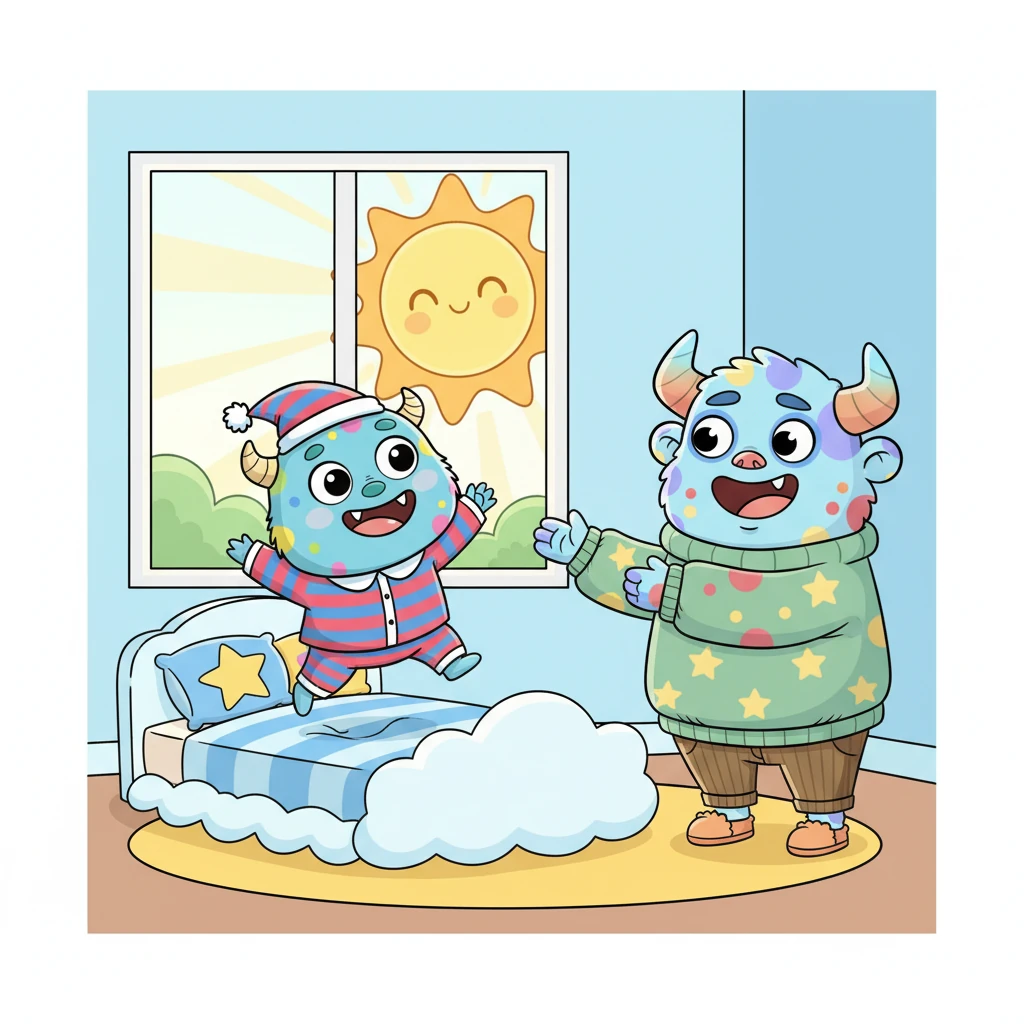 第二天早上,太阳公公出来了。奇奇伸着懒腰醒来,他睁开了眼睛,眼神明亮,觉得浑身都是劲儿!“爸爸!”奇奇跳下床,高兴地扑向爸爸,“星星能量真的有用!我今天超级有精神!”爸爸张开双臂拥抱他,开心地笑了,这真是一个好办法!