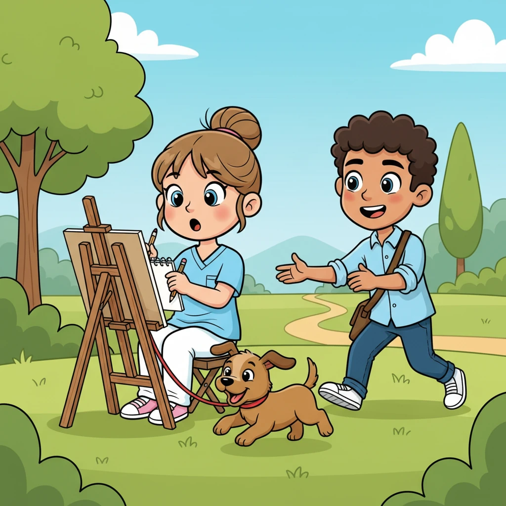 Beth, a kind nurse with light brown hair, was enjoying a quiet afternoon in the park, sketching in her notebook. Suddenly, a playful puppy bounded past, tangling its leash around her easel. Its owner, Matt, a charming law student with brown hair, rushed over, apologizing with a warm smile that made Beth's cheeks flush.