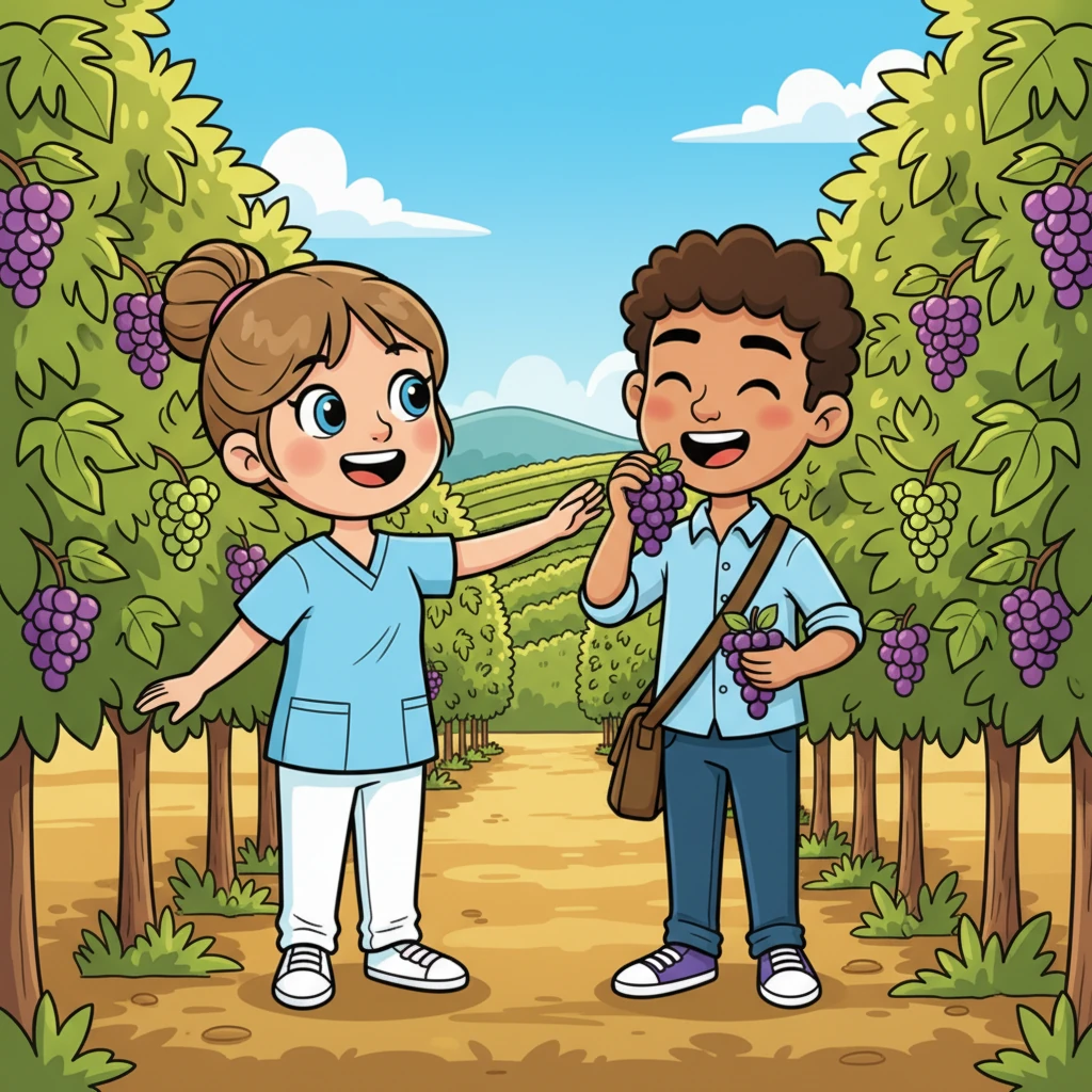 A sunny afternoon found them strolling through a picturesque vineyard, their hands playfully brushing as they tasted different grapes. They giggled as they tried to describe the subtle flavors, enjoying the peaceful atmosphere and each other's company amidst rows of lush vines.