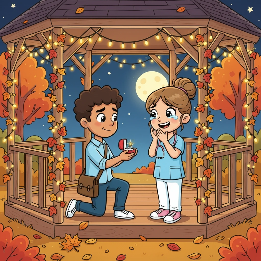 One crisp autumn evening, Matt led Beth to a beautifully decorated gazebo under a canopy of twinkling lights. He knelt down, a nervous but hopeful smile on his face, and presented her with a sparkling ring, asking her to be his forever. Beth's eyes welled up with happy tears as she joyfully said yes.