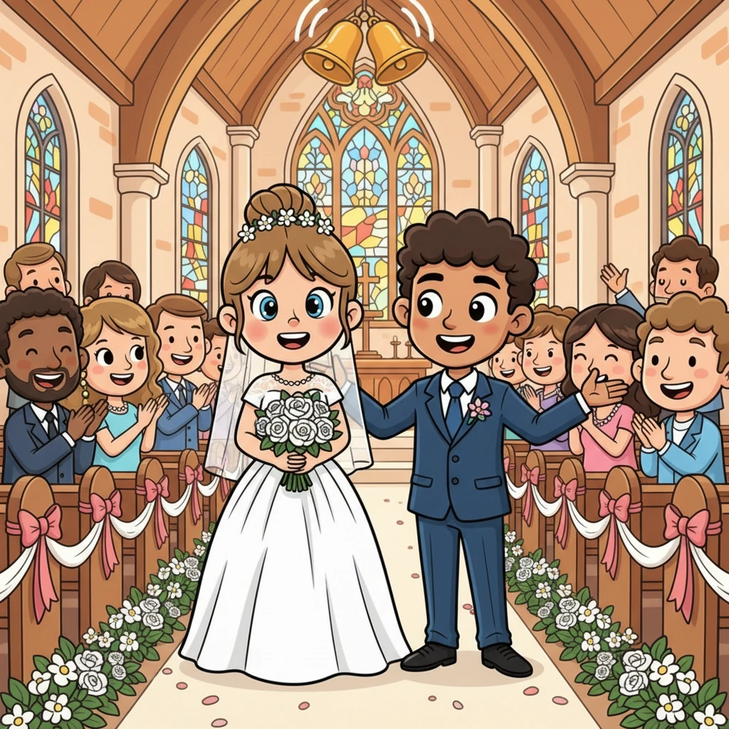 The church bells chimed merrily on their wedding day as Beth, radiant in her white gown, walked down the aisle to meet Matt, who looked dashing in his suit. Surrounded by smiling friends and family, they exchanged heartfelt vows, promising a lifetime of love and happiness.