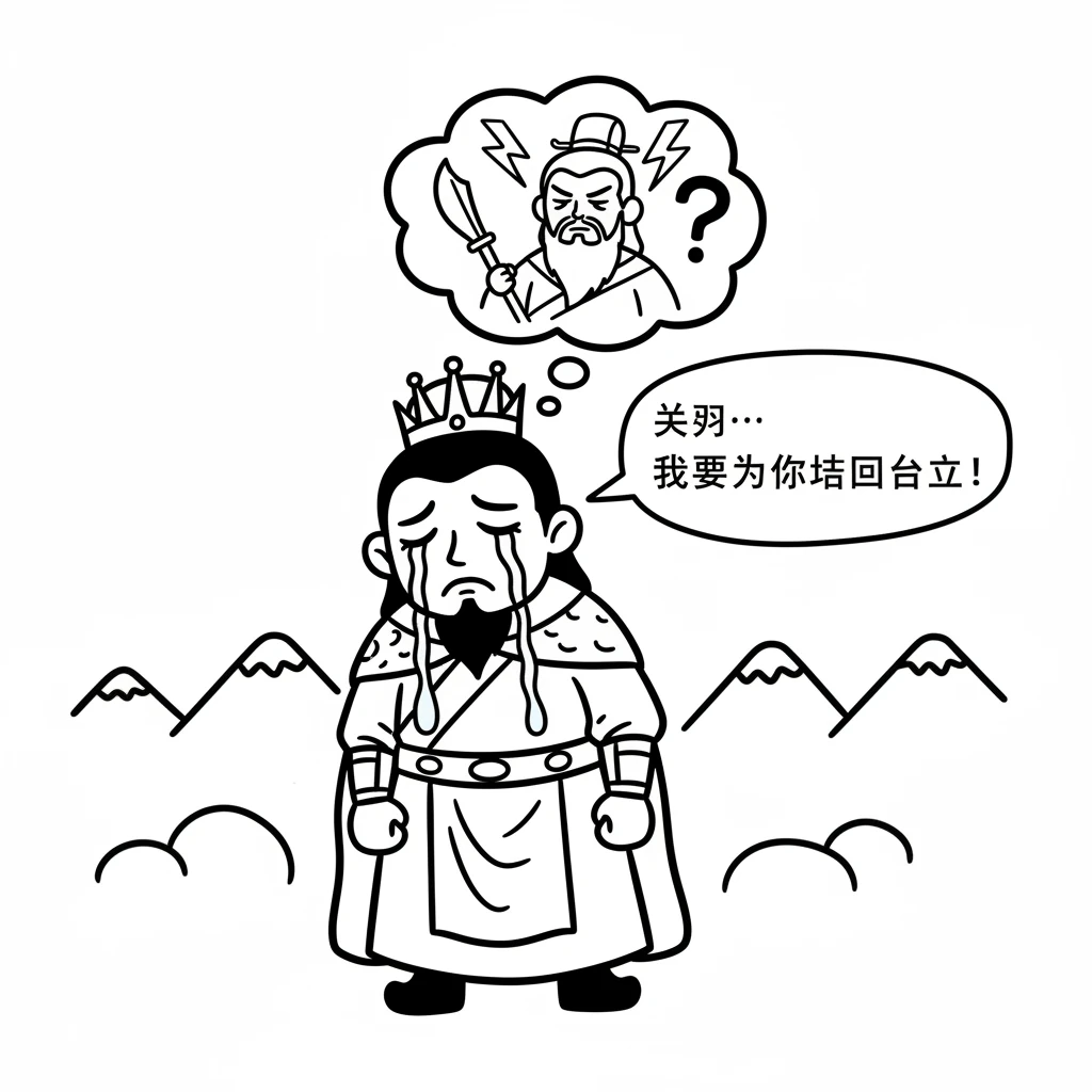 刘备国王非常悲伤，因为他最好的朋友关羽不见了。他的脸上挂着泪珠，心里很难过。他下定决心要为关羽找回公道。