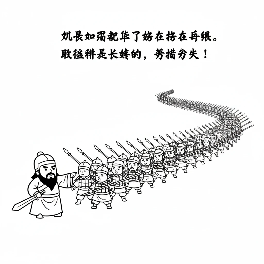 刘备国王召集了好多好多士兵。他们穿着简单的盔甲，手拿长矛，准备出发。队伍排得长长的，看起来很壮观。