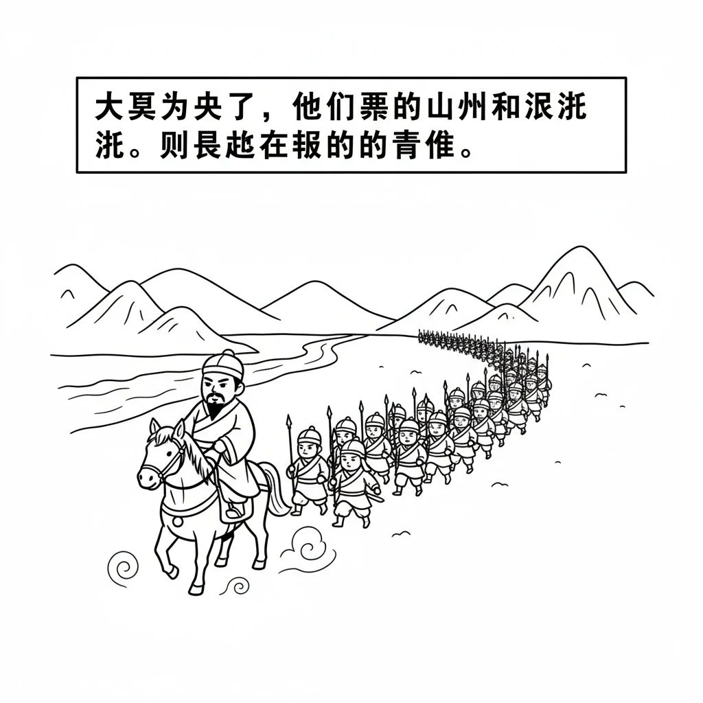 大军出发了，他们穿过山川和河流。士兵们一步一步向前走，尘土飞扬。刘备国王骑在马上，走在队伍的最前面。
