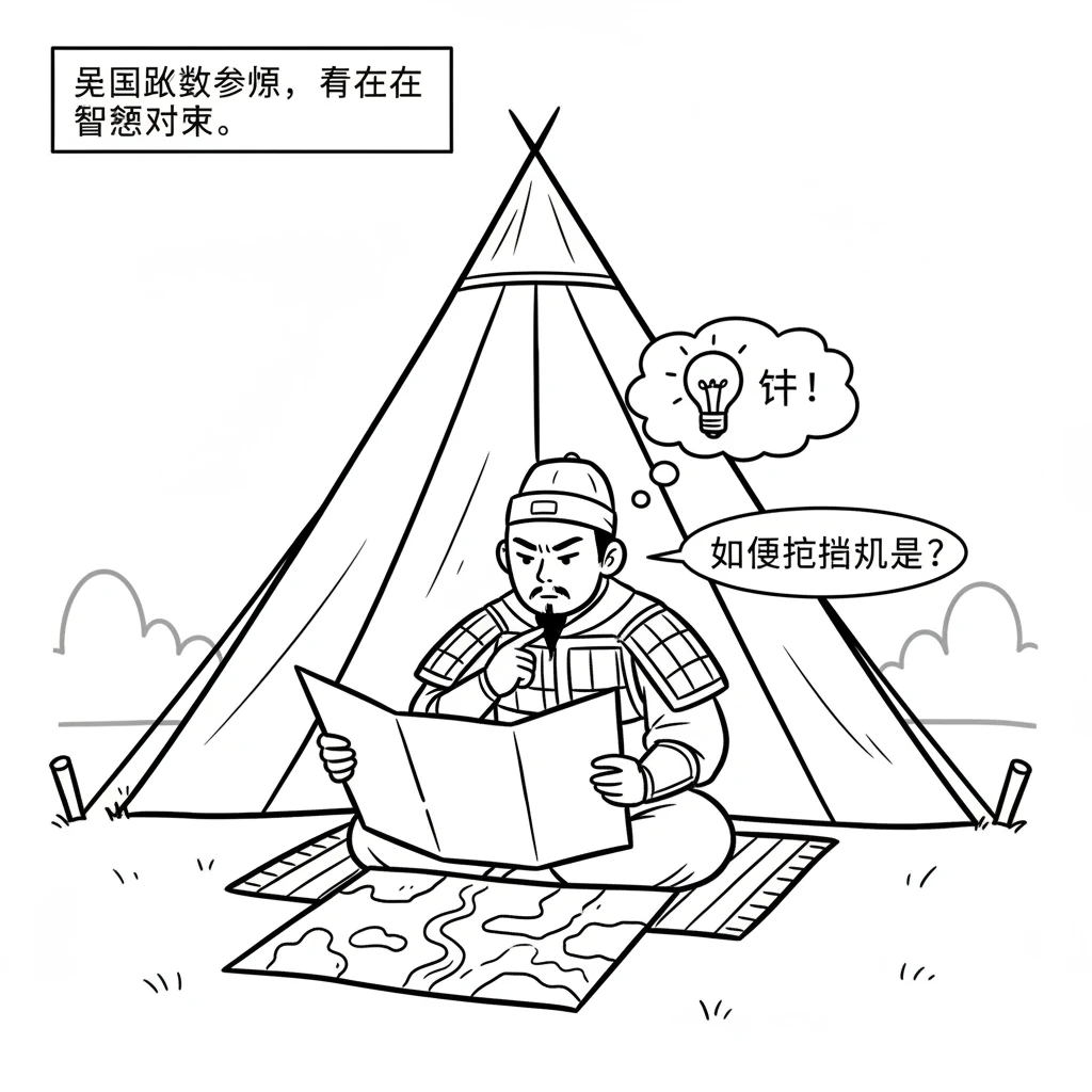 在另一边，吴国的陆逊将军非常聪明。他坐在营帐里，看着地图，思考着如何抵挡刘备国王的军队。他有一个非常好的计策。