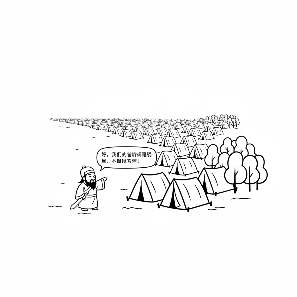 刘备国王的军队扎下了许多营帐。这些营帐一个挨着一个，绵延了好几里路。它们靠近树林，看起来很方便。