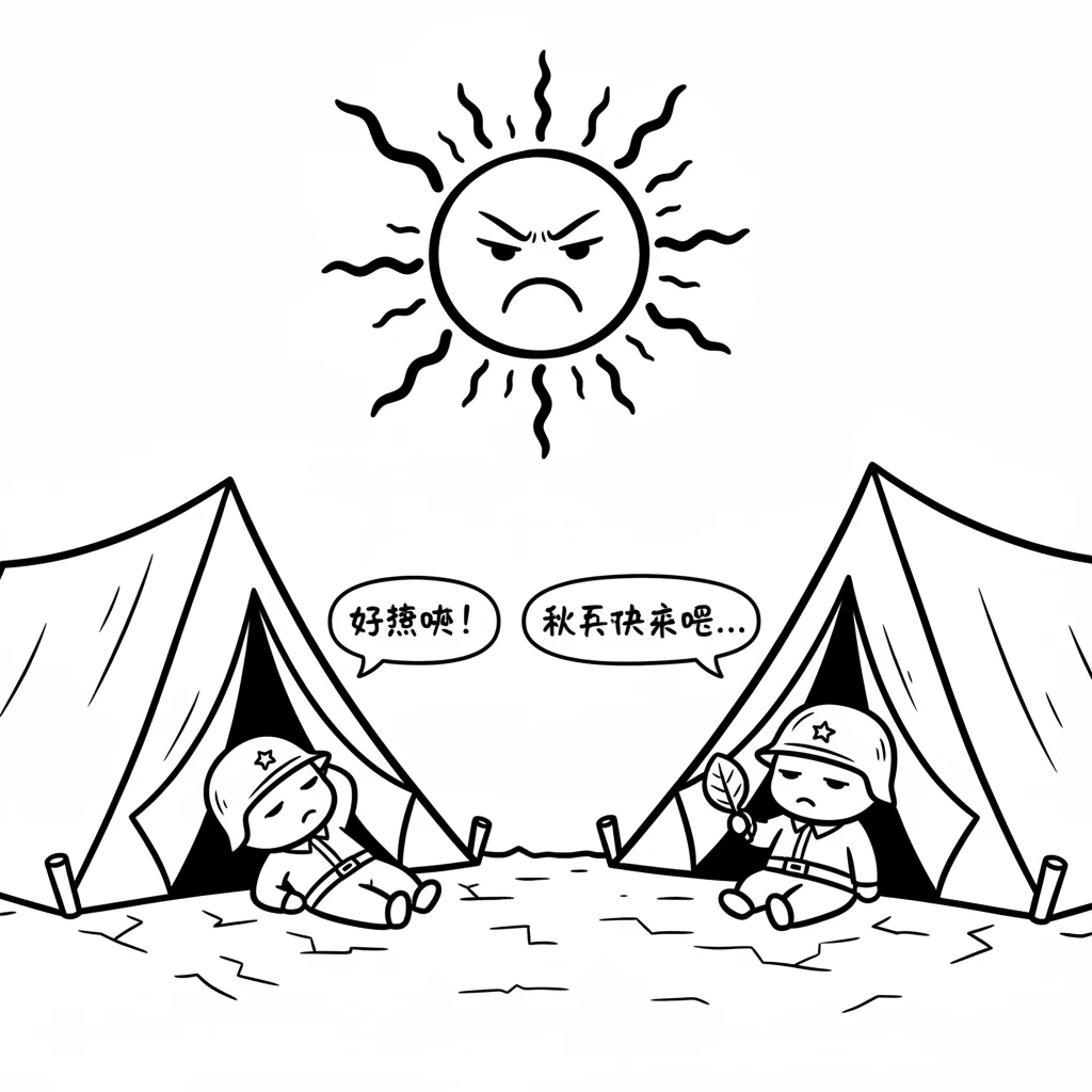 天气越来越热，太阳火辣辣地晒着大地。士兵们在营帐里感到非常闷热和疲惫。他们都希望凉爽的秋天快点到来。