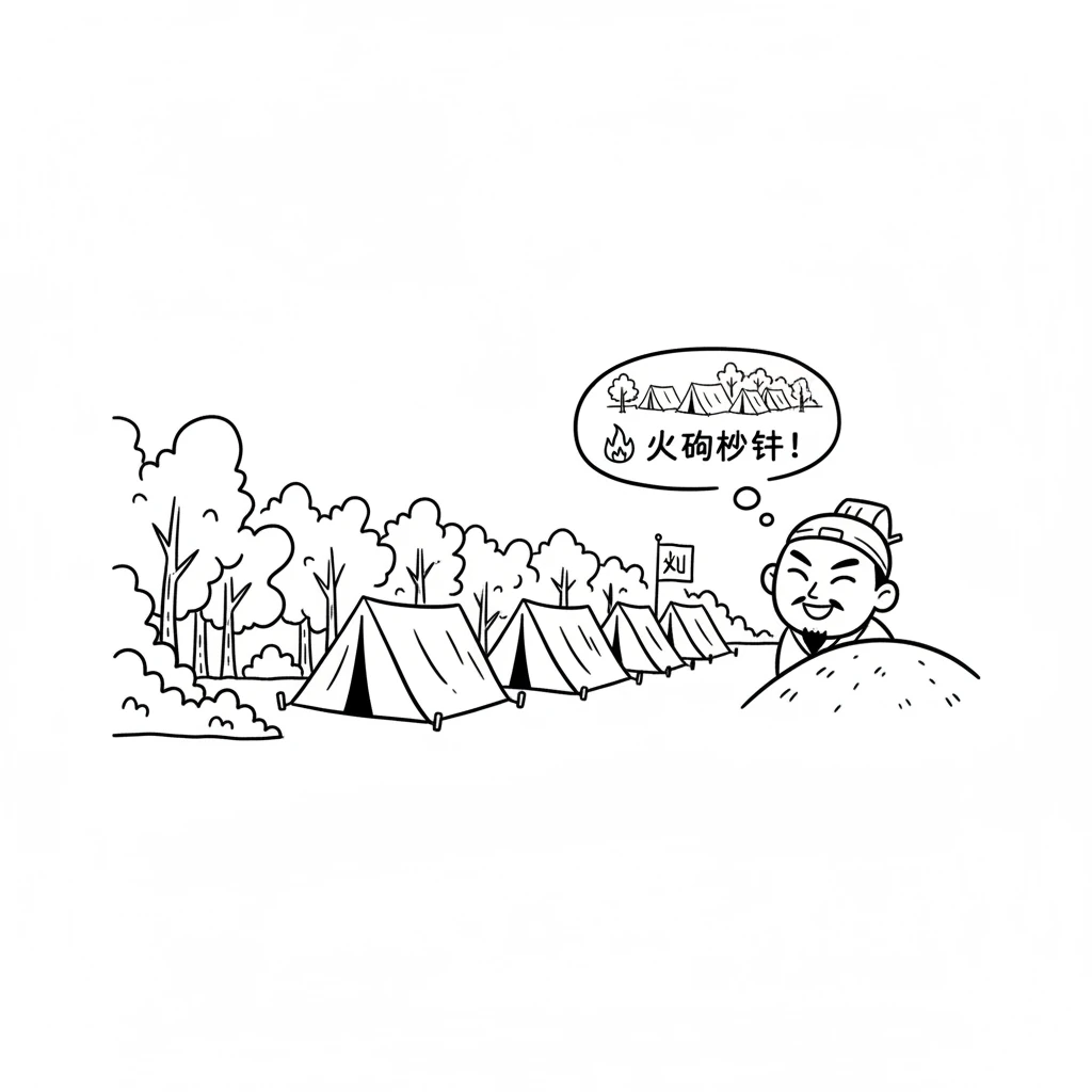 陆逊将军看到了刘备国王的营帐连成一片，而且离树林很近。他偷偷地笑了，因为他想到了一个好办法。他决定用火来对付敌人。