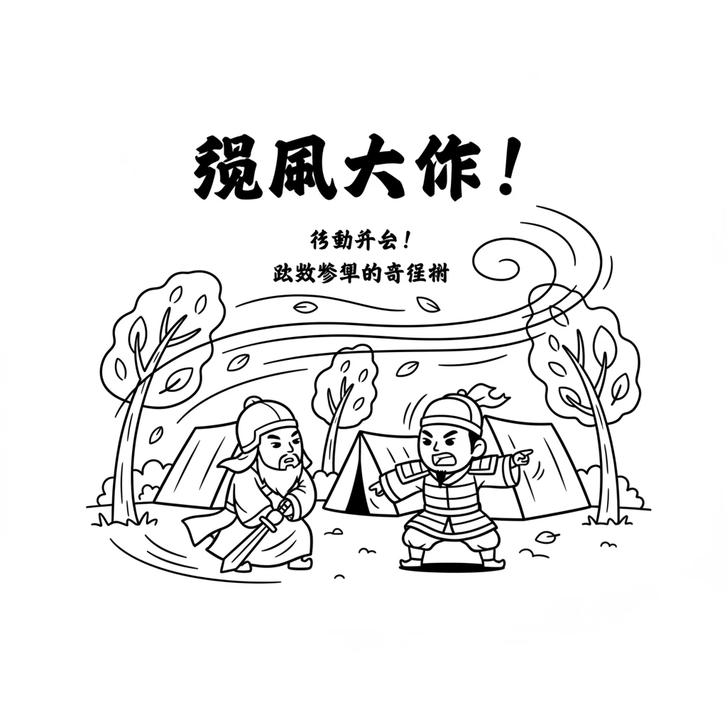 傍晚时分，突然刮起了大风。风呼呼地吹着，树叶哗哗作响。这是一个很好的时机，陆逊将军的士兵们开始行动了。