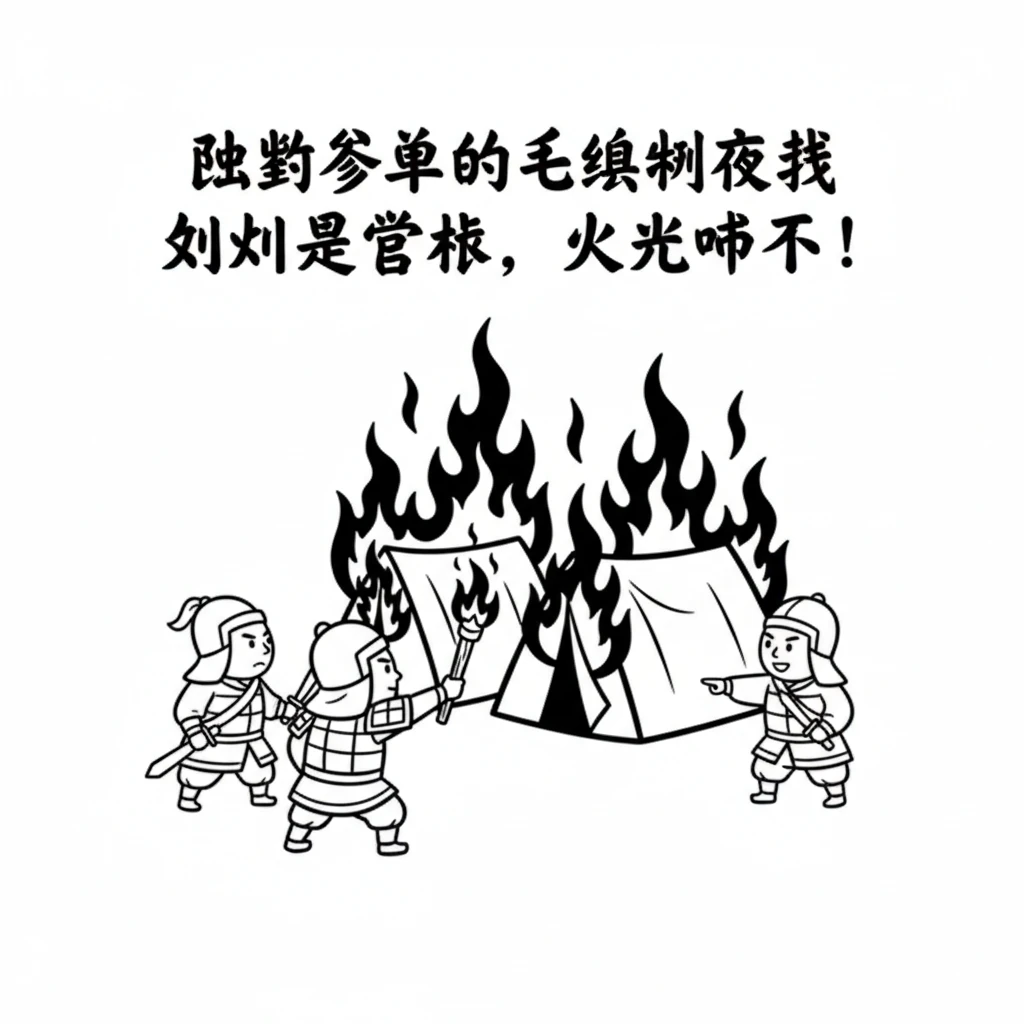 陆逊将军的士兵们悄悄地靠近刘备国王的营帐，点燃了火把。火苗一下子就窜了起来，很快就烧到了营帐。