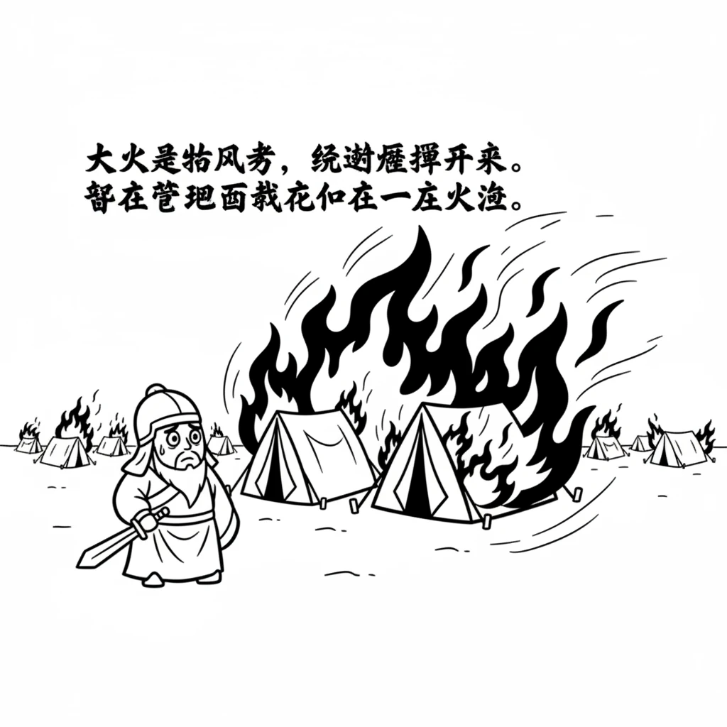 大火借助风势，迅速蔓延开来。一个营帐着火了，很快就烧到了旁边的营帐，再烧到下一个。整个营地都变成了一片火海。