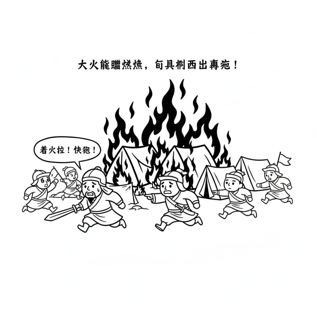 士兵们从睡梦中惊醒，看到大火熊熊燃烧，都吓坏了。他们四处奔跑，想要逃离火海。营地里一片混乱。