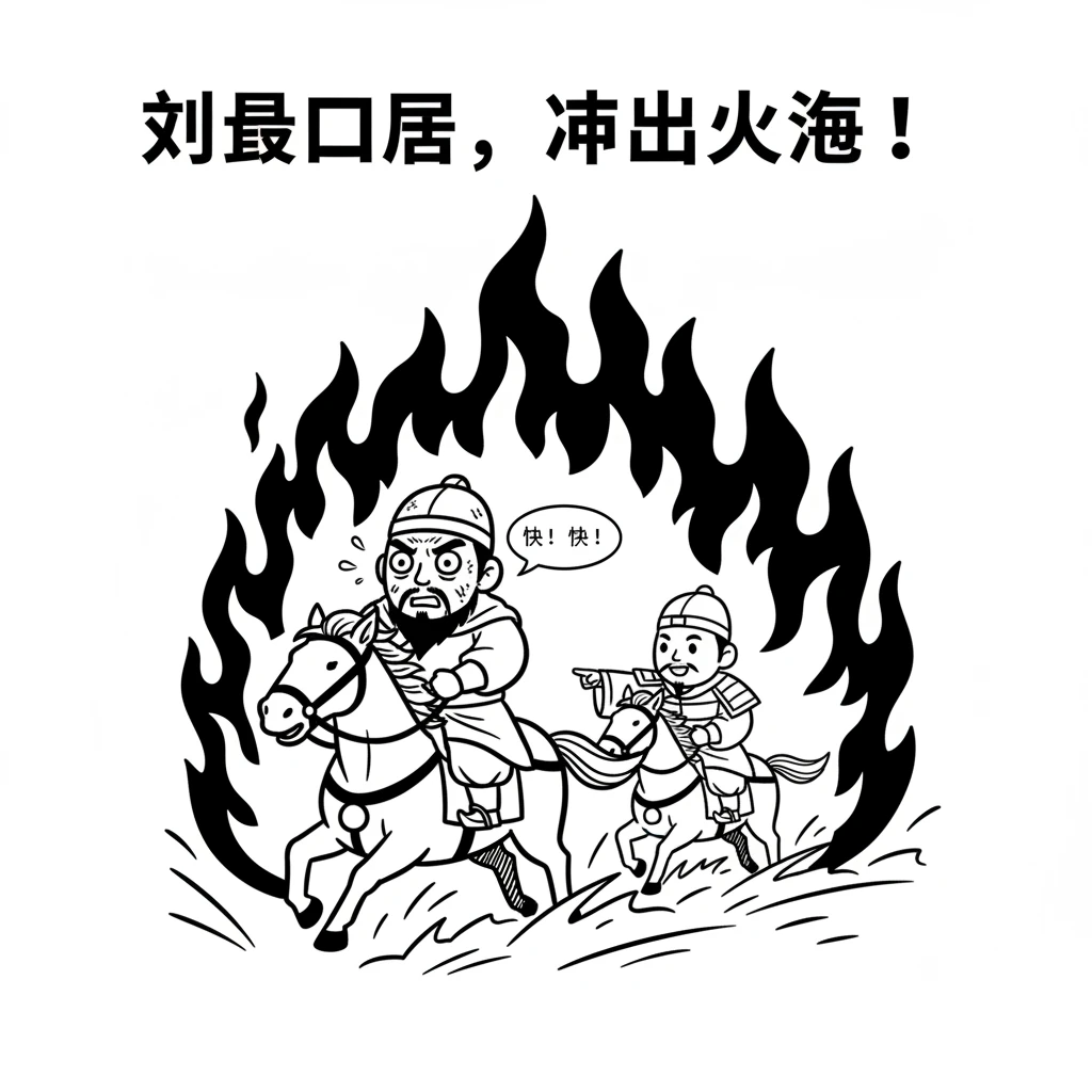 刘备国王在护卫的帮助下，骑着马，冲出火海。他的脸上沾满了灰尘，看起来很狼狈。他非常着急。