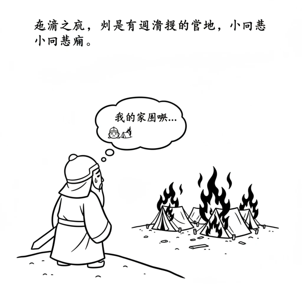经过一番艰难的逃亡，刘备国王终于逃到了一个安全的地方。他回头望去，营地已经被烧成了一片废墟。他心里很难过。