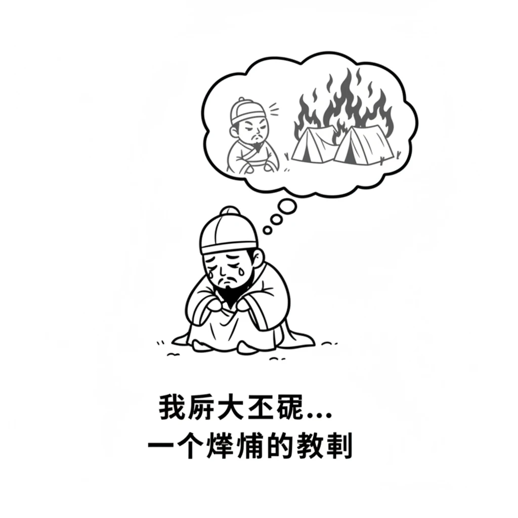 刘备国王坐在地上，非常伤心。他想起了自己没有听从大臣们的劝告，因为愤怒而犯下了大错。他学会了一个重要的教训。