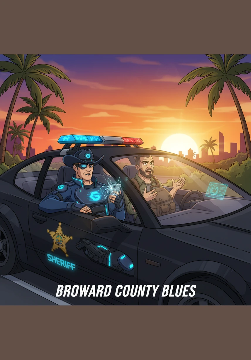 The sun sets over Broward County, casting a warm glow that flickers like an old cathode-ray tube television. Deputy Glitch sits in his patrol car, waiting for the night to begin as the air hums with the faint sound of digital static.