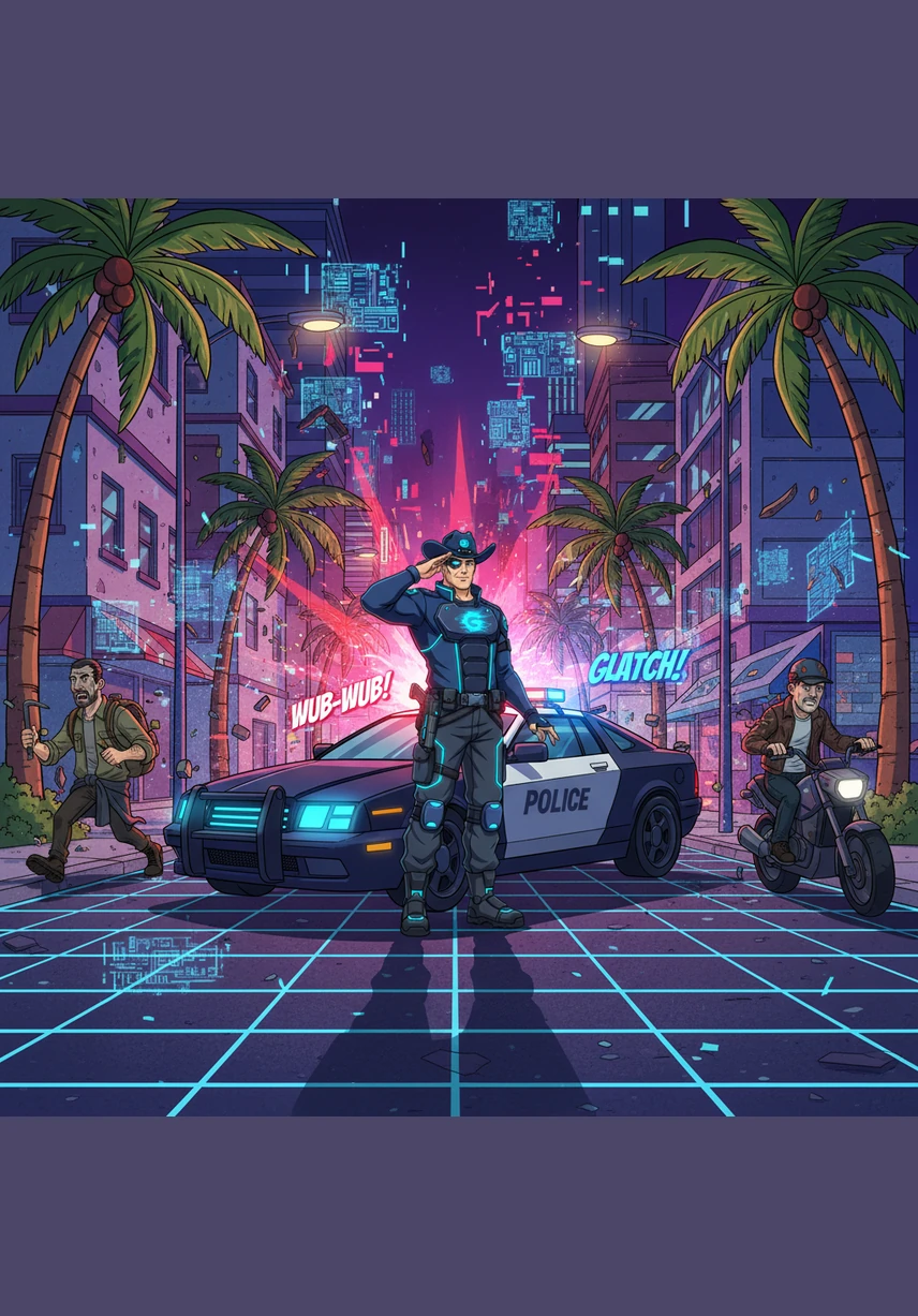 As the deputy turns on his sirens, the world begins to stutter, and the blue and red lights expand into vibrant neon fractals. The sound of the siren loops into a rhythmic dance track that echoes through the palm-tree-lined streets.