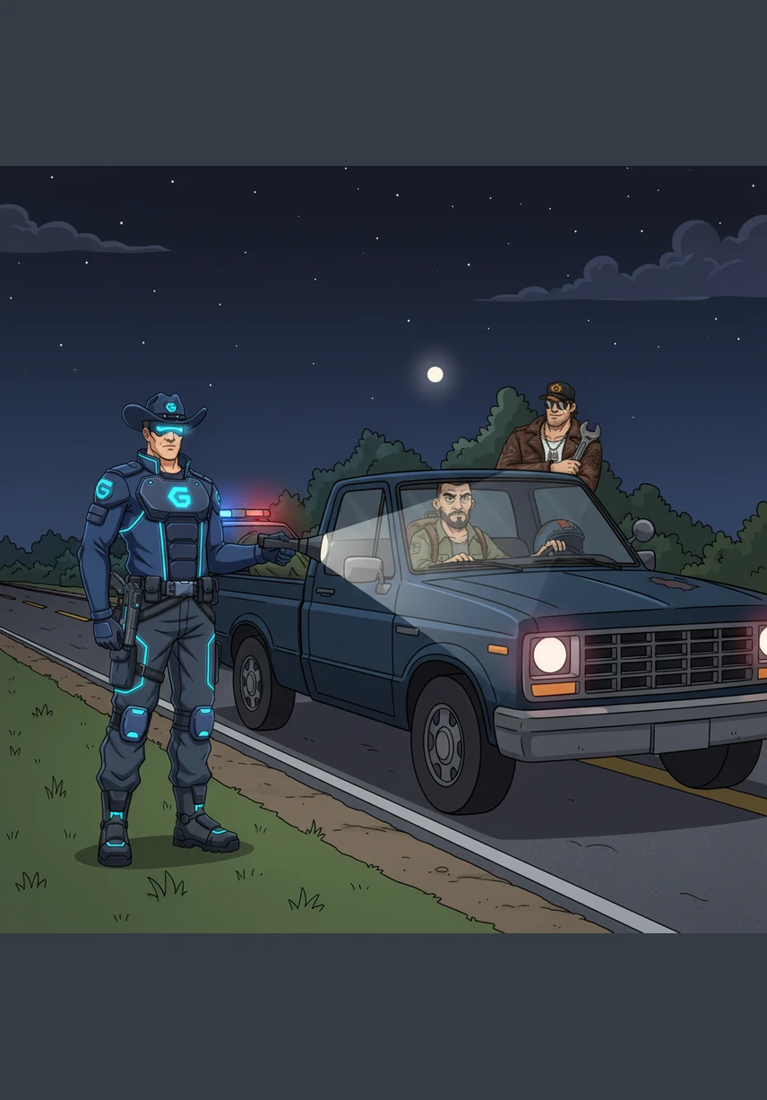 He pulls over a suspicious vehicle, but as he approaches, the car’s wheels suddenly turn into giant spinning donuts. The driver greets him with a voice that sounds like three different people speaking at once, creating a chorus of nonsensical greetings.