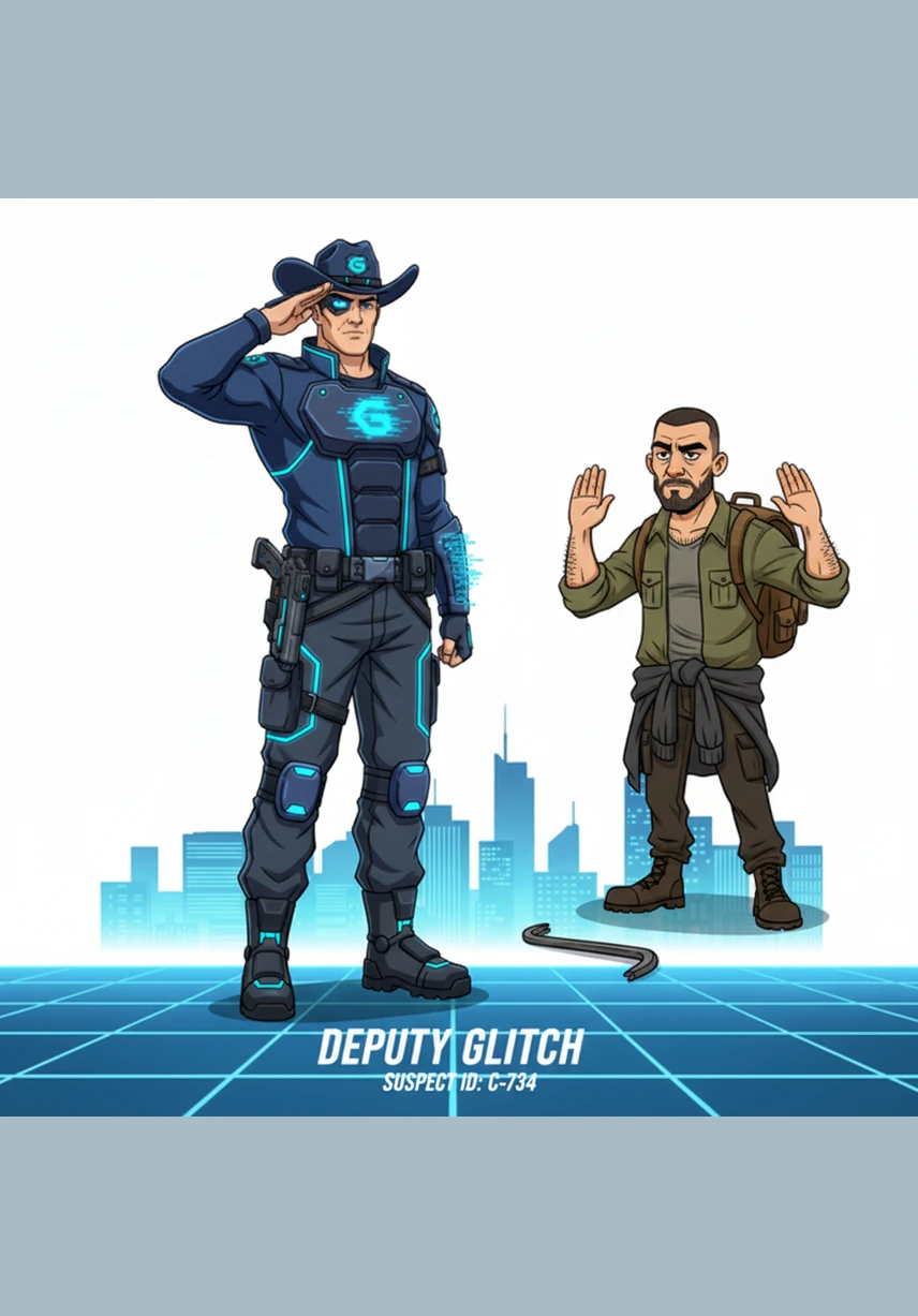 Deputy Glitch tries to radio for backup, but colorful word bubbles float out of his mouth instead of sounds. Each word bounces off the pavement, leaving behind a trail of sparkling pixels and bright geometric shapes.
