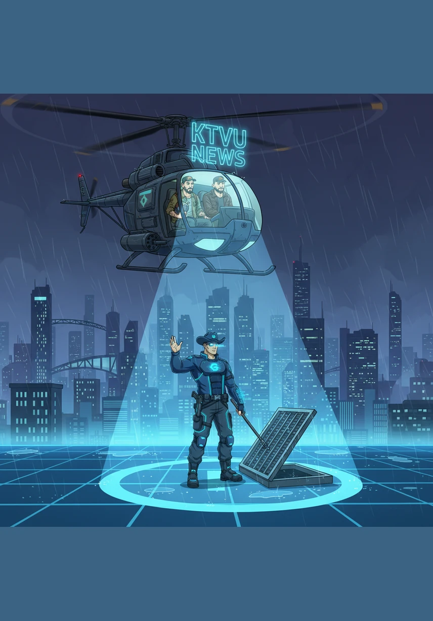 High above the city, the KTVU station logo drifts across the clouds like a slow-moving satellite. It leaves a shimmering trail of scanlines that change the color of the sky from orange to a deep, electric purple.