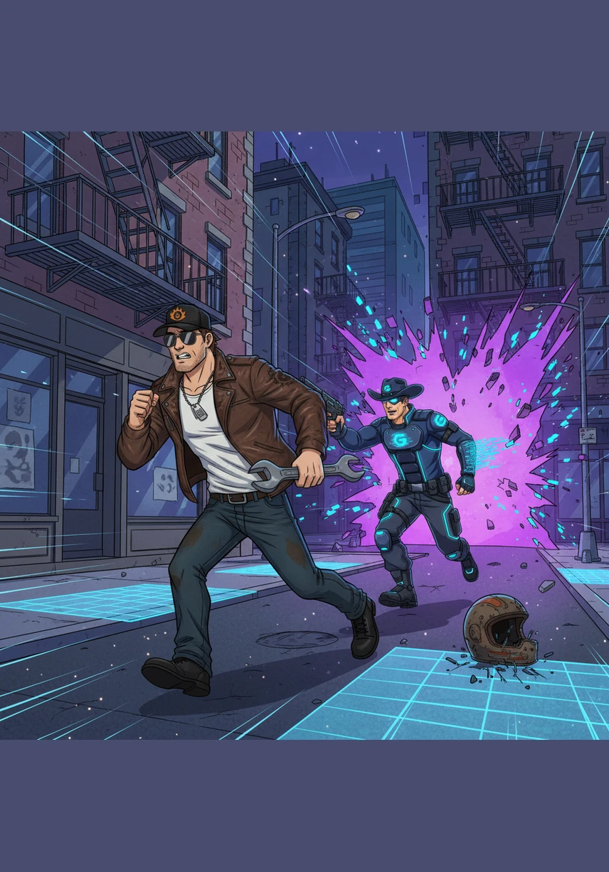 A foot chase breaks out, but every time the suspect takes a step, the ground ripples like water. They run through a neighborhood where the fences are made of frozen video frames and the grass is composed of green binary code.