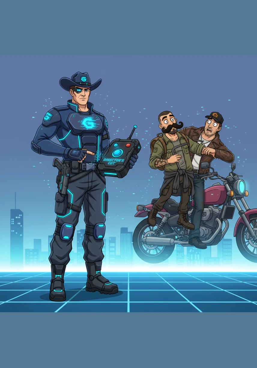 Reaching into his belt, the deputy pulls out a special Director’s Cut remote control. With a single click, he pauses the scene, causing the suspect to freeze mid-air while a giant cartoon mustache appears on their face.