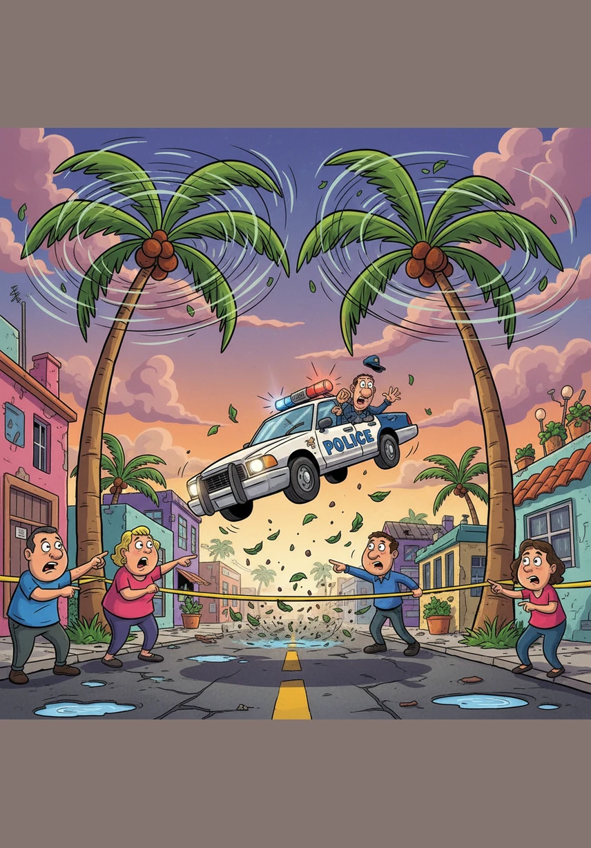 Suddenly, the Florida palm trees begin to spin rapidly like helicopter blades, lifting the entire patrol car off the ground. Deputy Glitch flies over the suburbs, looking down at a world that is slowly dissolving into a beautiful mosaic of colorful errors.