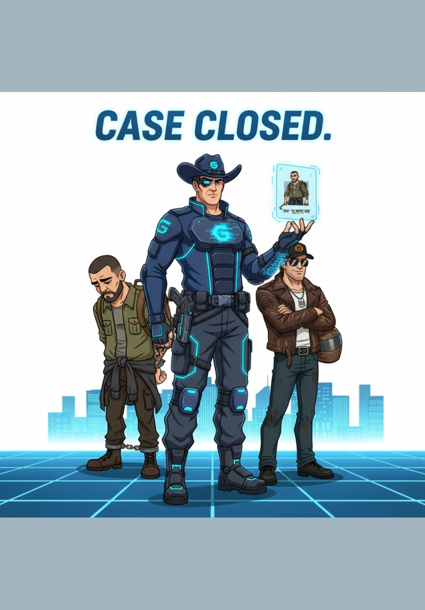 As the credits begin to roll across the sky, Deputy Glitch gives a final salute to the invisible audience. The screen shrinks into a single white dot in the center, leaving behind a feeling of nostalgic wonder and digital mystery.