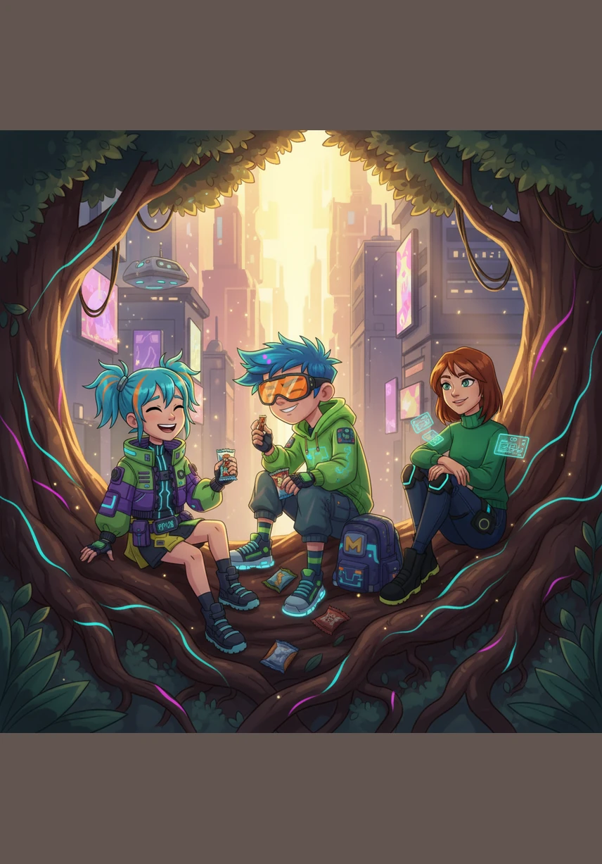 They spent hours sitting on the gnarled roots, sharing snacks and whispering dreams about what they would become when they grew up. The sun filtered through the leaves, dappling their faces with golden light as they laughed together in the peaceful afternoon air.