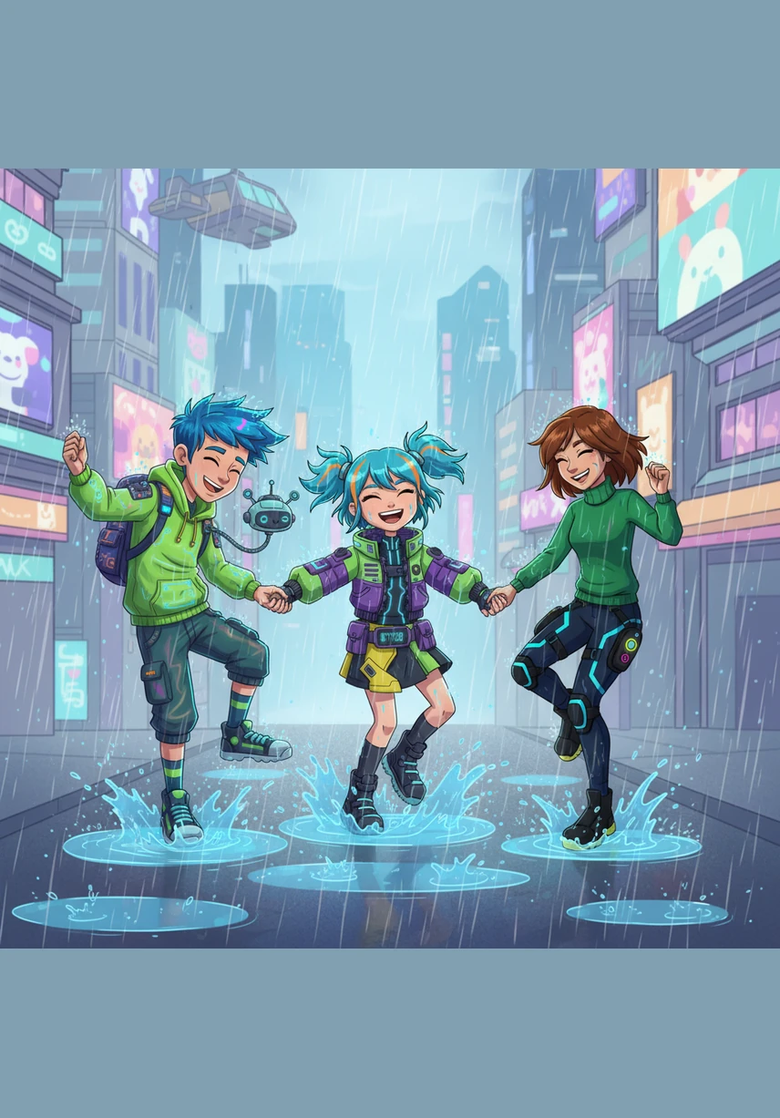 The drizzle quickly transformed into a powerful downpour that soaked their clothes and matted their hair to their foreheads. Instead of shivering or complaining, Lia grabbed their hands, and they began to dance and splash in the growing puddles with pure joy.