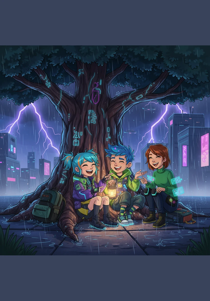 They huddled close together against the thick, protective trunk of the oak tree, feeling the vibration of the storm. They shared their bravest stories to drown out the thunder, finding warmth in their shared laughter and the unbreakable strength of their circle.