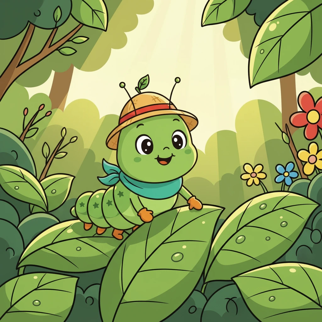 翠翠是一只小毛毛虫，她有着翠绿的皮肤和黑色的条纹，像一颗颗小星星点缀在身上。她最喜欢的事情就是在鲜嫩的叶子上爬来爬去，用她的小触角探索着这个奇妙的世界。阳光洒在她身上，让她感到无比的快乐和活力。