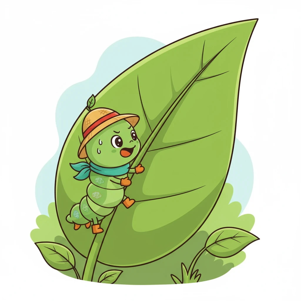 翠翠发现了一片特别大的叶子，比她见过的任何叶子都要大。她决定爬上去，想要看看上面有什么。她努力地向上爬，虽然有些吃力，但她从未放弃。终于，她爬到了叶子的顶端。