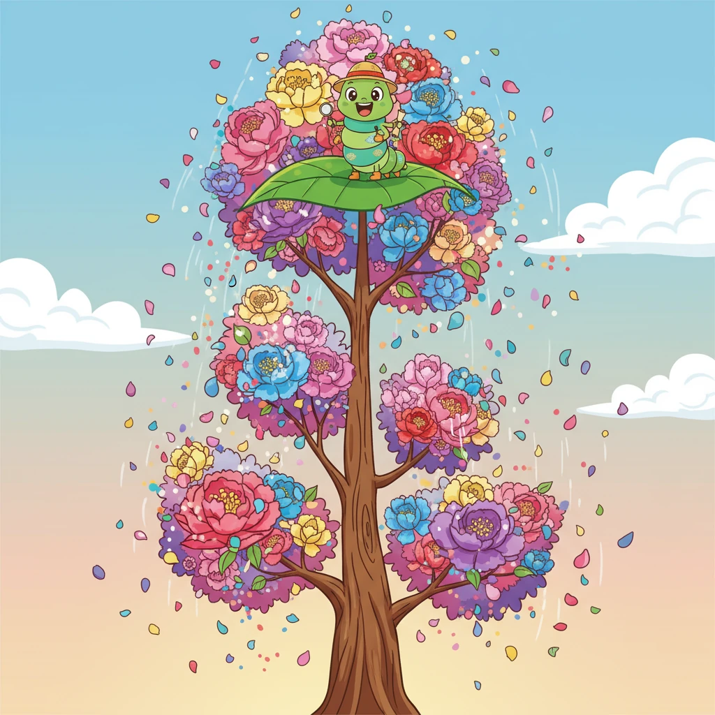 在叶子的顶端，翠翠发现了一个惊人的景象。她看到了一棵高大的树，树上开满了五彩缤纷的花朵。微风吹过，花瓣飘落，像下了一场美丽的花瓣雨。翠翠兴奋极了，她从未见过如此美丽的景色。