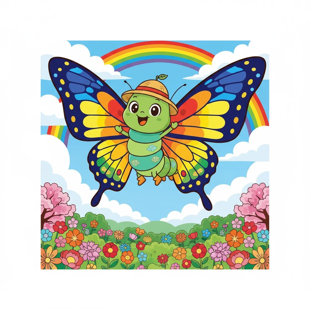 终于，翠翠破茧而出了！她变成了一只美丽的蝴蝶，有着五彩斑斓的翅膀。她展开翅膀，飞向天空，自由地翱翔在花丛中。翠翠感到无比的快乐，她知道，她实现了自己的梦想。