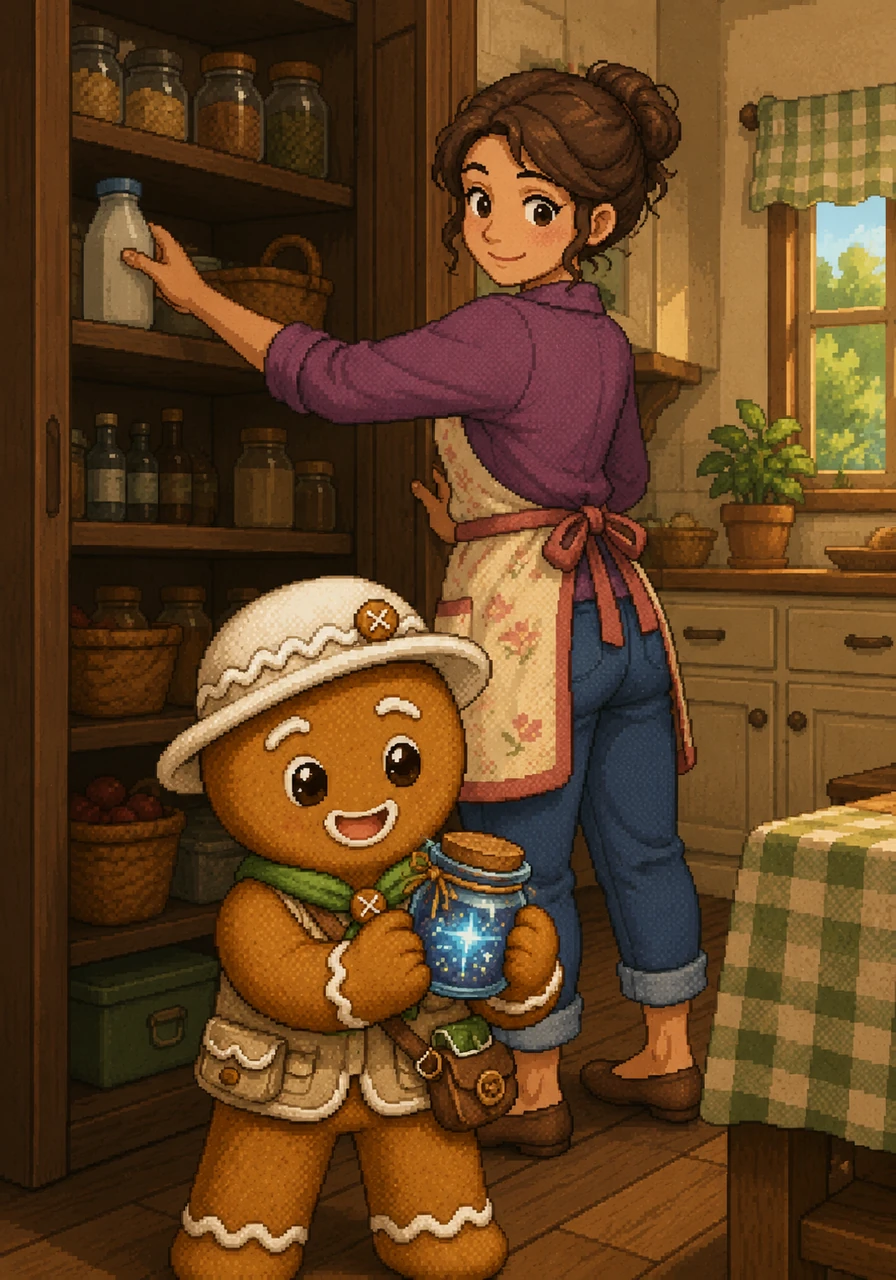 While Mom reaches for the milk, Freddy’s curious eyes spot a tiny, shimmering blue jar tucked deep inside the dark pantry. It is labeled Sparkle Sugar in curly, golden letters that seem to dance. He carefully pulls it out, wondering what kind of magic it holds inside.