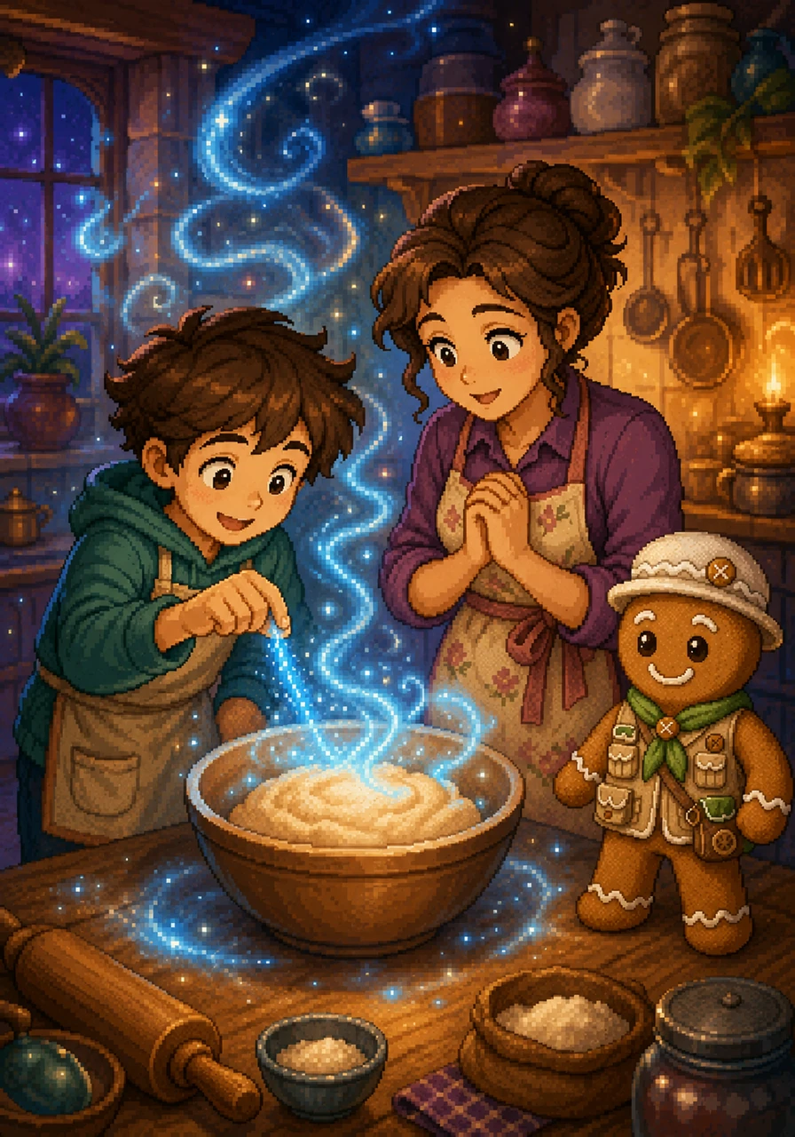 As Freddy sprinkles a pinch of the blue sugar into the mixing bowl, tiny swirls of light begin to rise from the dough. The kitchen walls start to shimmer, and the air fills with the sound of tinkling bells. Mom and Freddy watch in awe as their cozy kitchen transforms into a glowing wonderland.